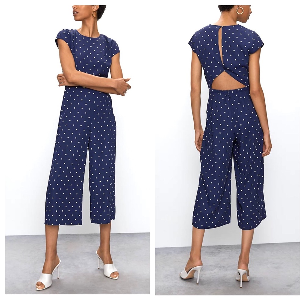 Aritzia Babaton Hamptons jumpsuit polka dot navy blue culottes cut-out back 00